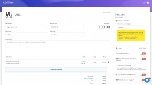 Fee invoicing screen with recurring payments and multi-currency support in Classe365 student management software