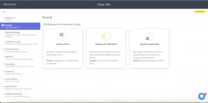 Form builder showing generic, pre-admission, and teacher registration form types in Classe365 SIS software