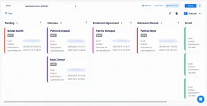 Kanban board tracking student applications from pending to enrolled in Classe365 admissions module