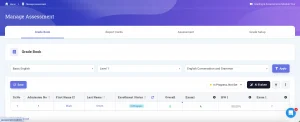 Gradebook showing assessment scores and grading scales in Classe365